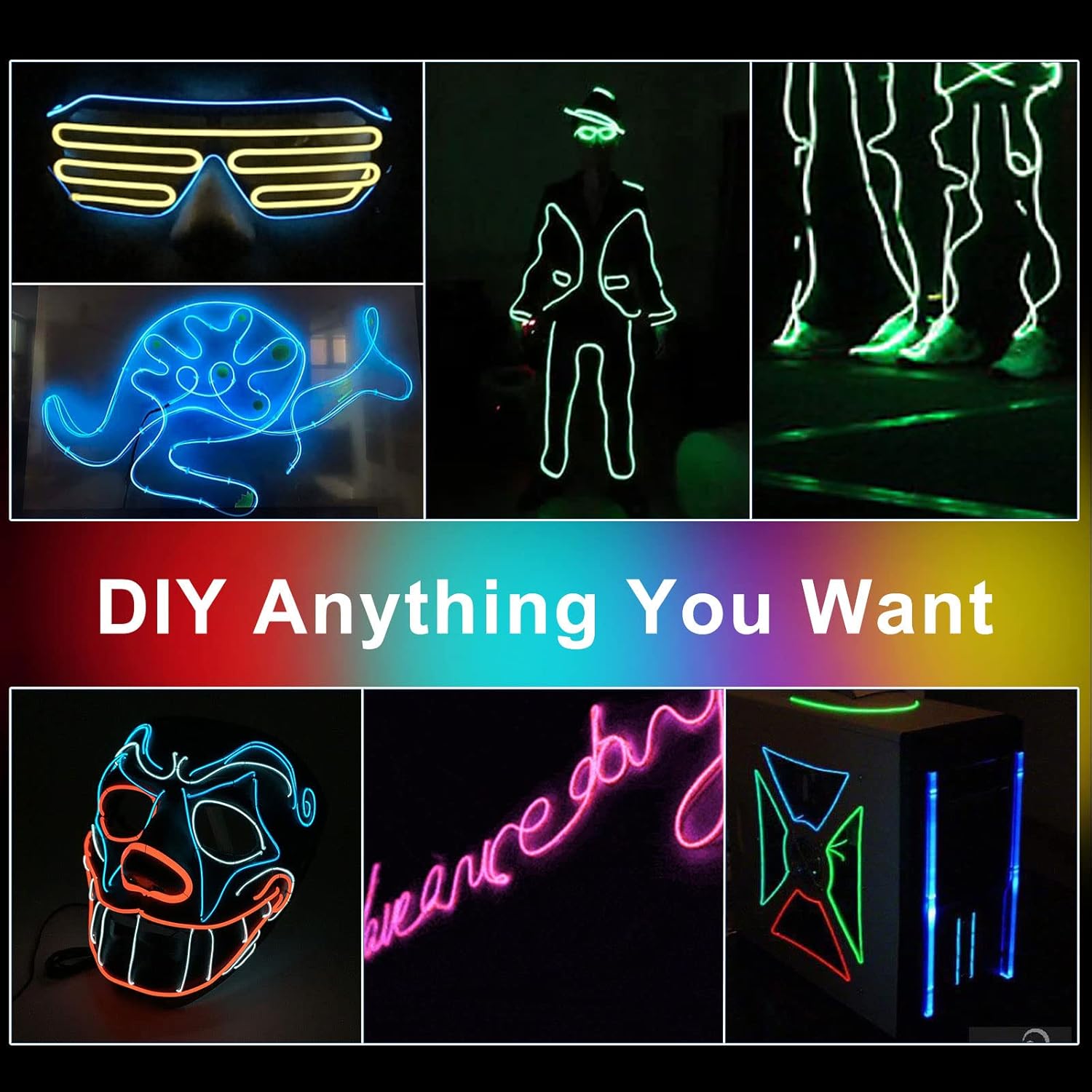 EL Wire Interior Car LED Strip Lights, FICOLPO 5 in 1 23FT USB Auto Neon Wire Lights with 6mm Sewing Edge- Glowing Electroluminescent Wire, Ambient