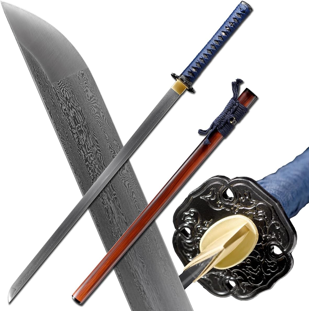 Wakizashi Espada recta Damasco doblado acero hecho a mano, espada samurái hecha a mano, espada de espiga completa, afilada