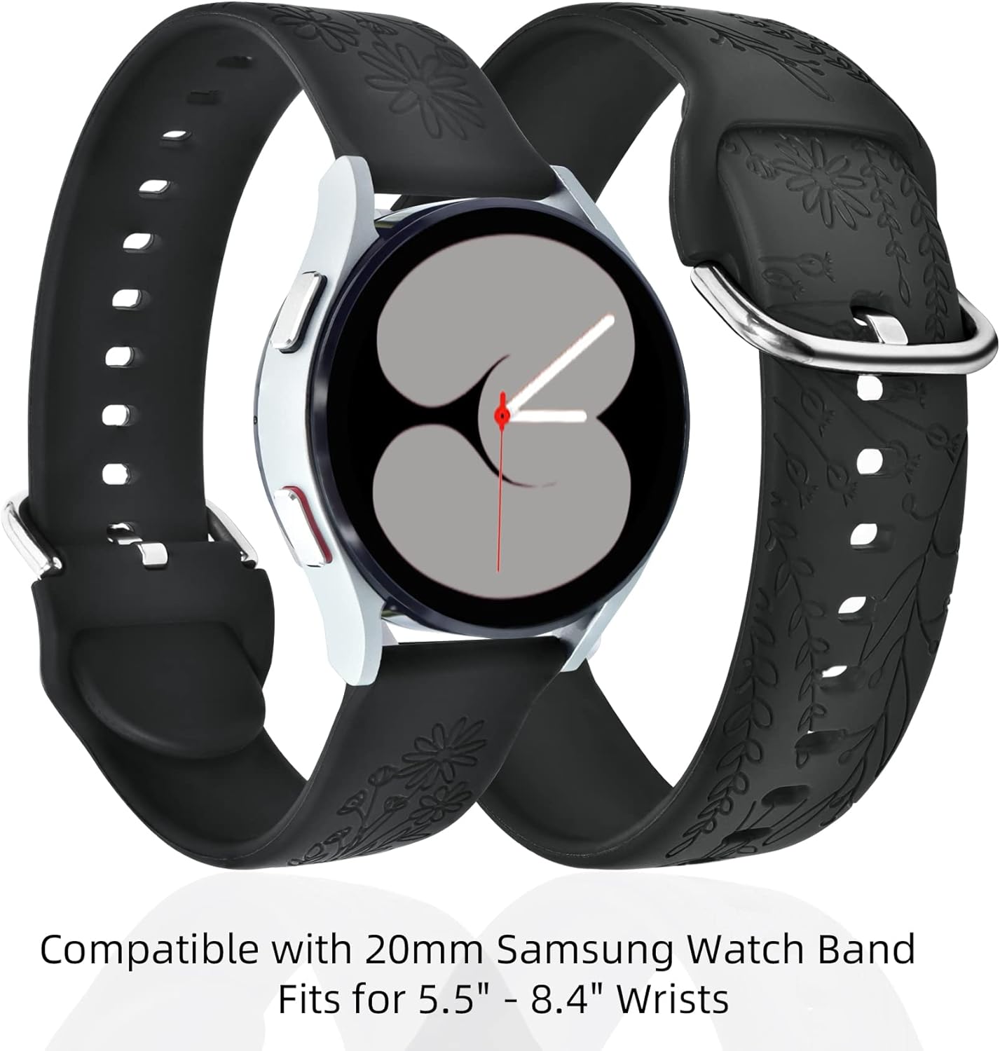 Correas para Samsung Galaxy Watch 456 con dijes, correa de silicona grabada floral de 0.787 pulgadas con anillos decorativos para reloj 6Watch 5