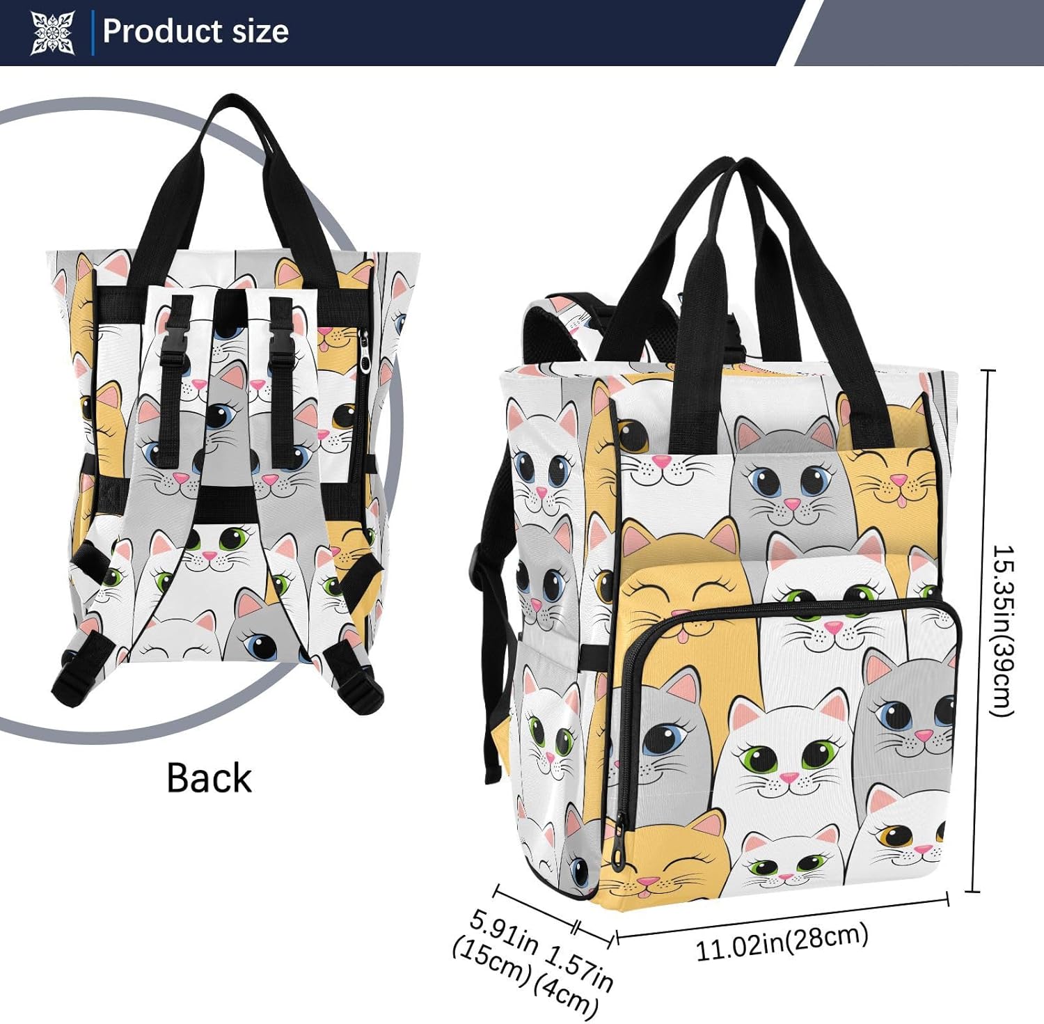 Gatos (2) Mochila de pañales para bebés, niños y niñas, multifunción para bebés, bolsa de viaje con correas para cochecito y almacenamiento de