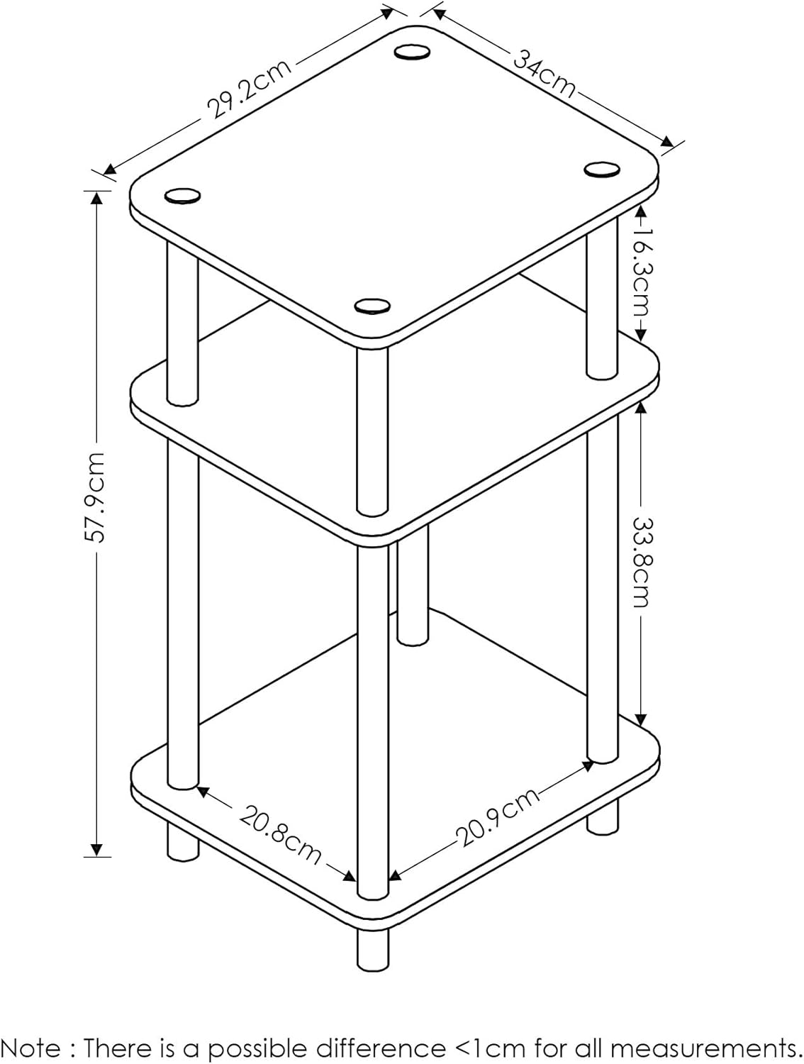 Furinno Just 3 Tier Turn-N-Tube – Paquete de 2 mesas auxiliares, nogal Columbianegro y mesa auxiliar de solo 3 niveles, 1 paquete, nogal