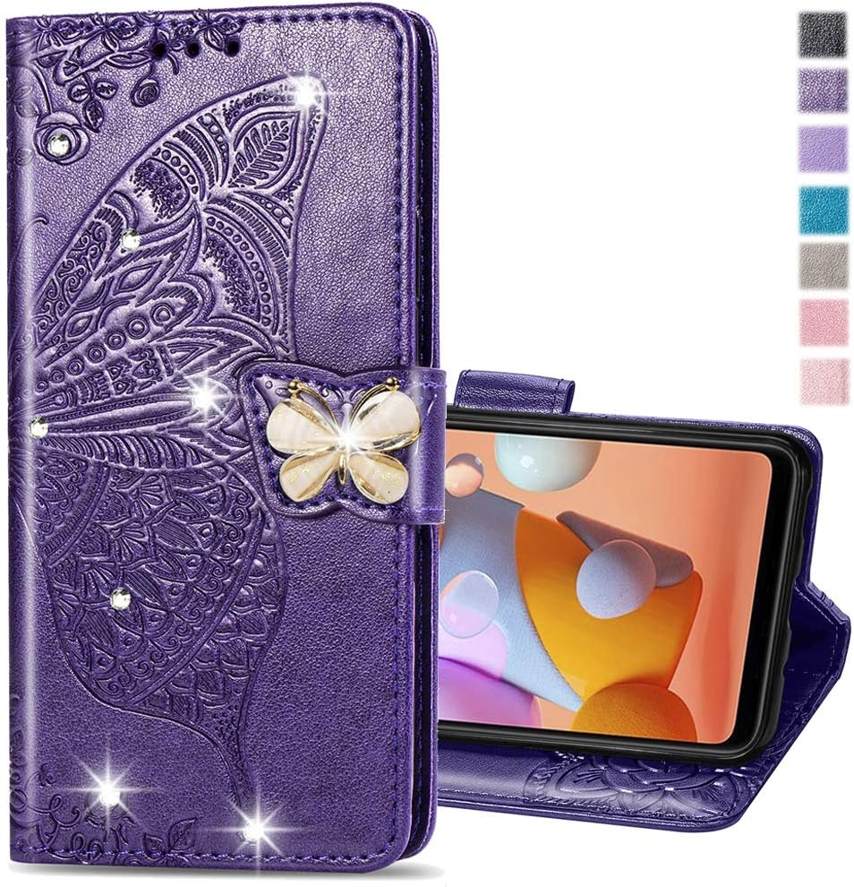 Compatible con Xiaomi Redmi Note 10 Pro Funda con purpurina con tarjetero y soporte de cuero Flip Wallet Diamond Butterfly Funda protectora a prueba