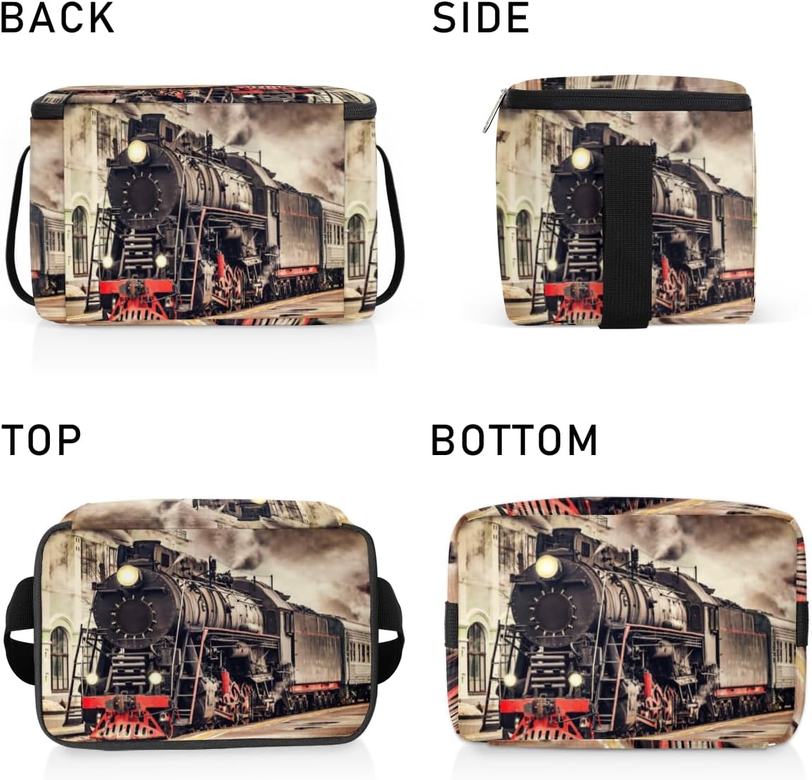 Bolsa de almuerzo vintage de tren de vapor, aislada, reutilizable, grande, con hombro ajustable y cremallera, bolsa de lona para oficina, trabajo,