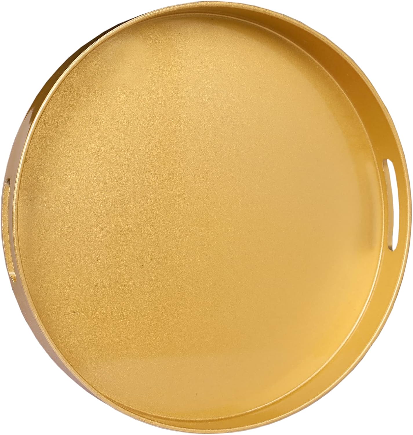 MAONAME Bandeja decorativa redonda dorada de 13 pulgadas para mesa de café, moderna bandeja para servir con asas, bandeja otomana de plástico,