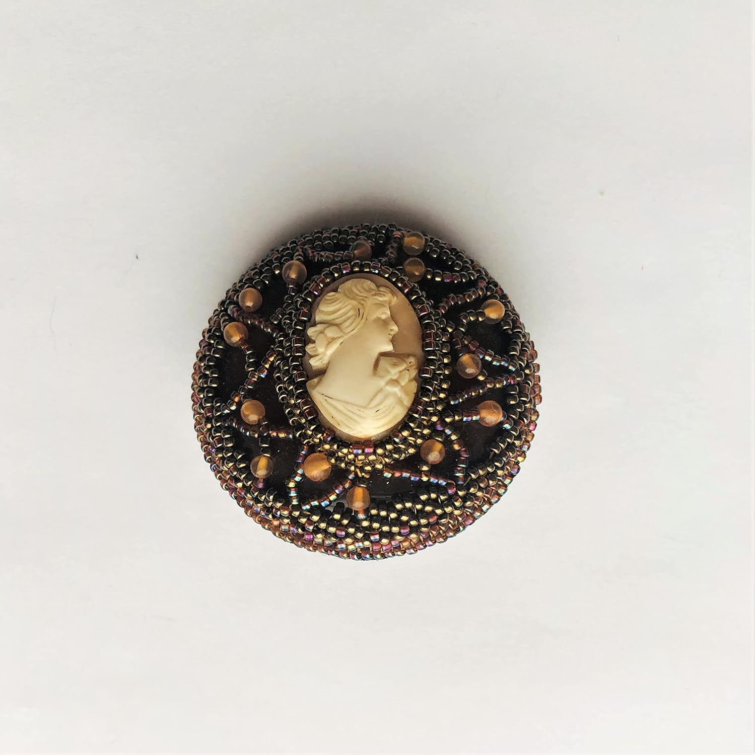 Victorian Genuine Cameo Brooch Embroidered OOAK Beadwoven Coffee Mocha Bronze Ladies of Style Gift