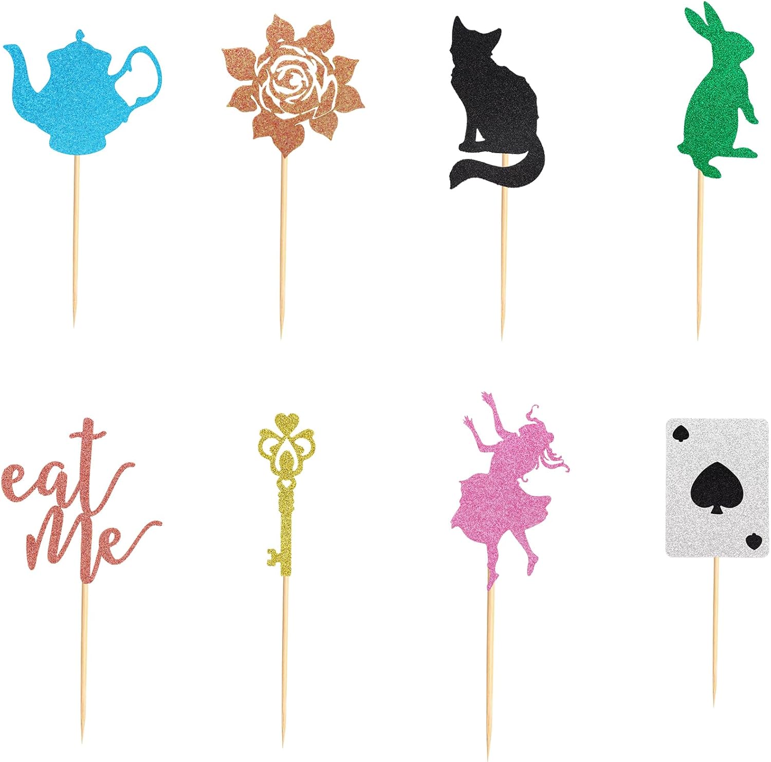 Arthsdite 24 piezas de decoración para cupcakes de Alicia en el país de las maravillas con purpurina, tetera, llave, póquer, conejo, gato, flor,