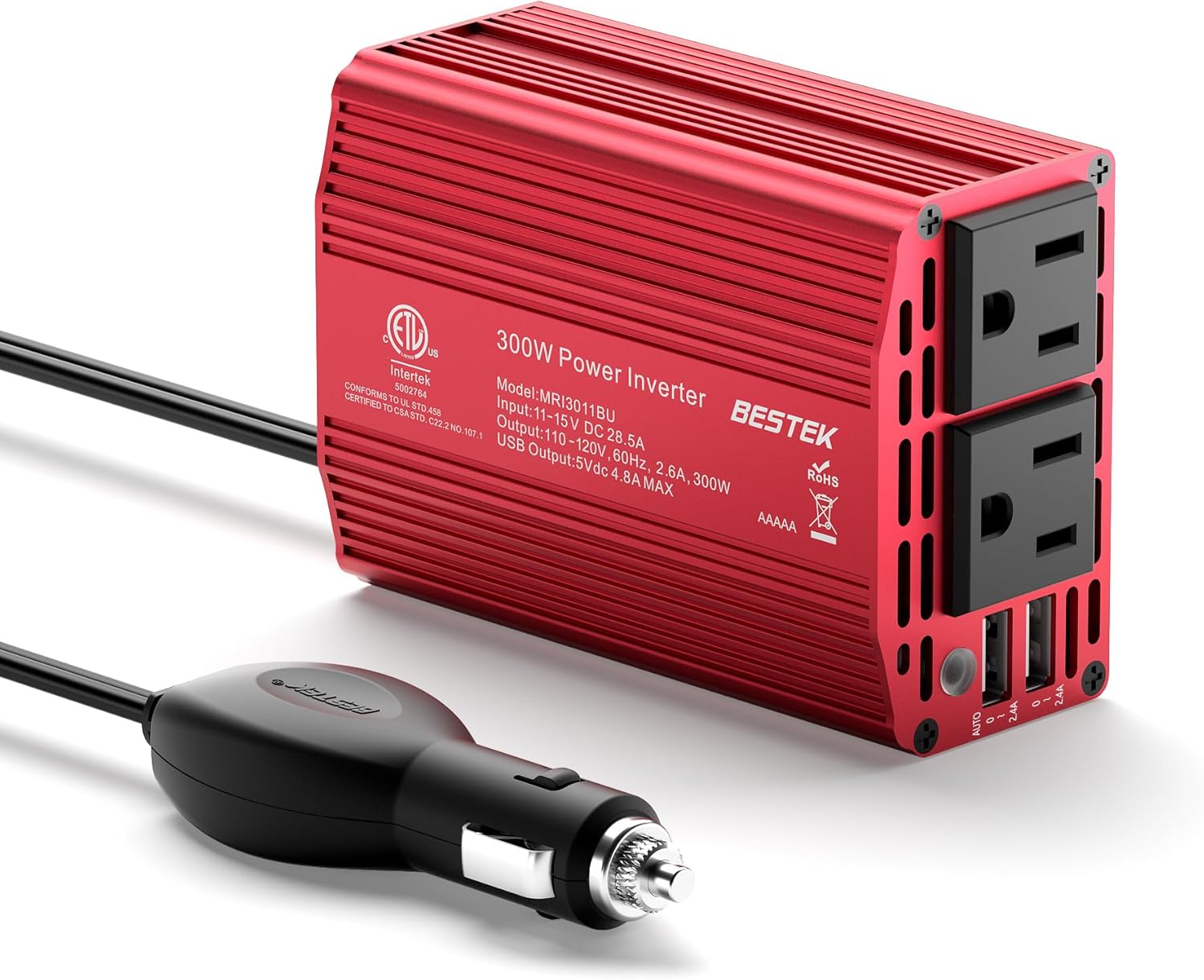 BESTEK Inversor de corriente de 300 W, 12 V CC a 110 V CA, convertidor de adaptador de enchufe de automóvil con puertos de carga USB duales de 4.8 A