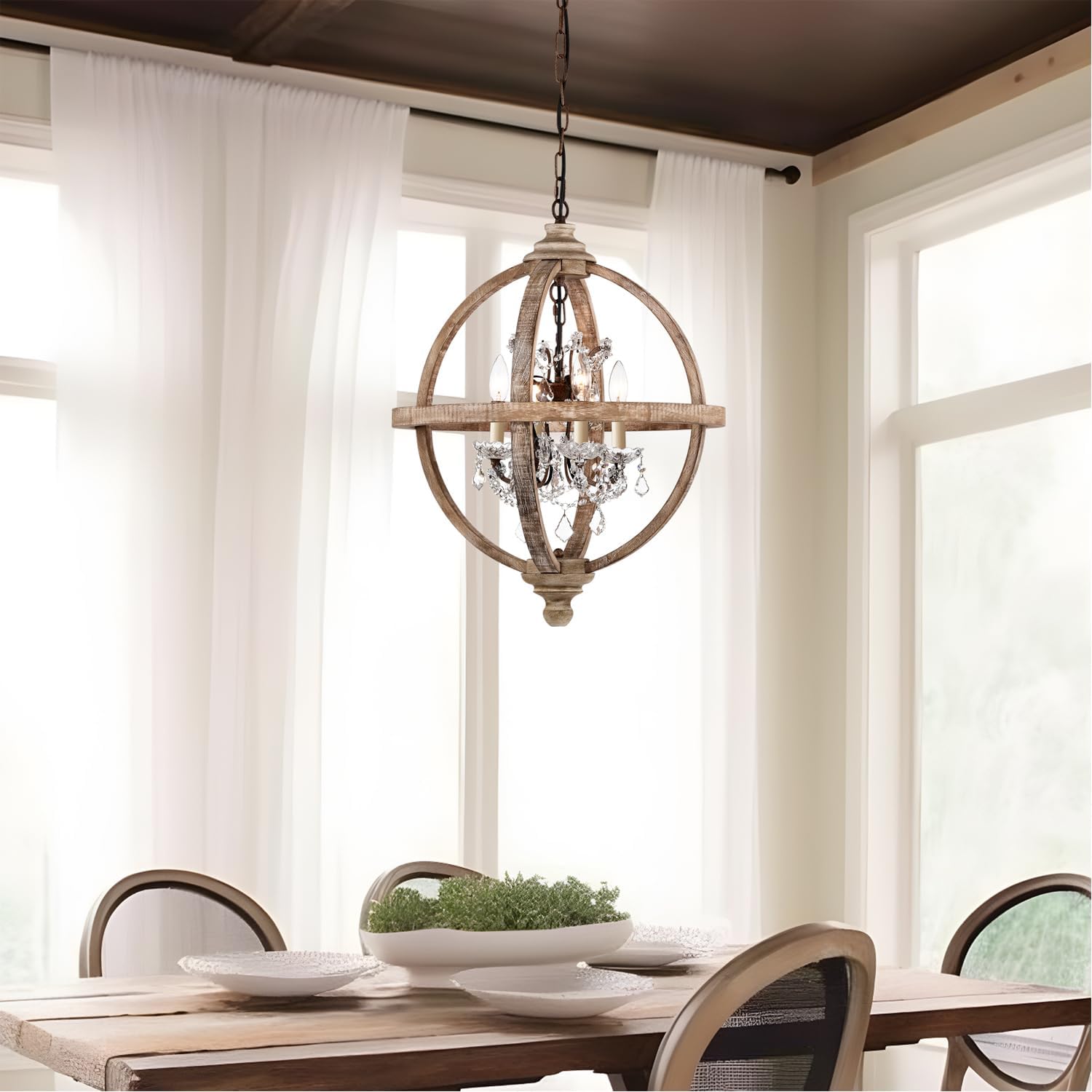 Candelabro de metal y madera con 4 luces, estilo rústico con cristales transparentes, lámpara de techo de madera vintage para cocina, comedor,
