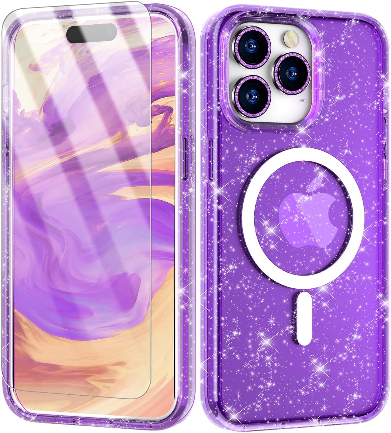 Funda magnética brillante para iPhone 15 Pro compatible con MagSafe, 2 protectores de pantalla y 2 protectores de lente de cámara de diamante,