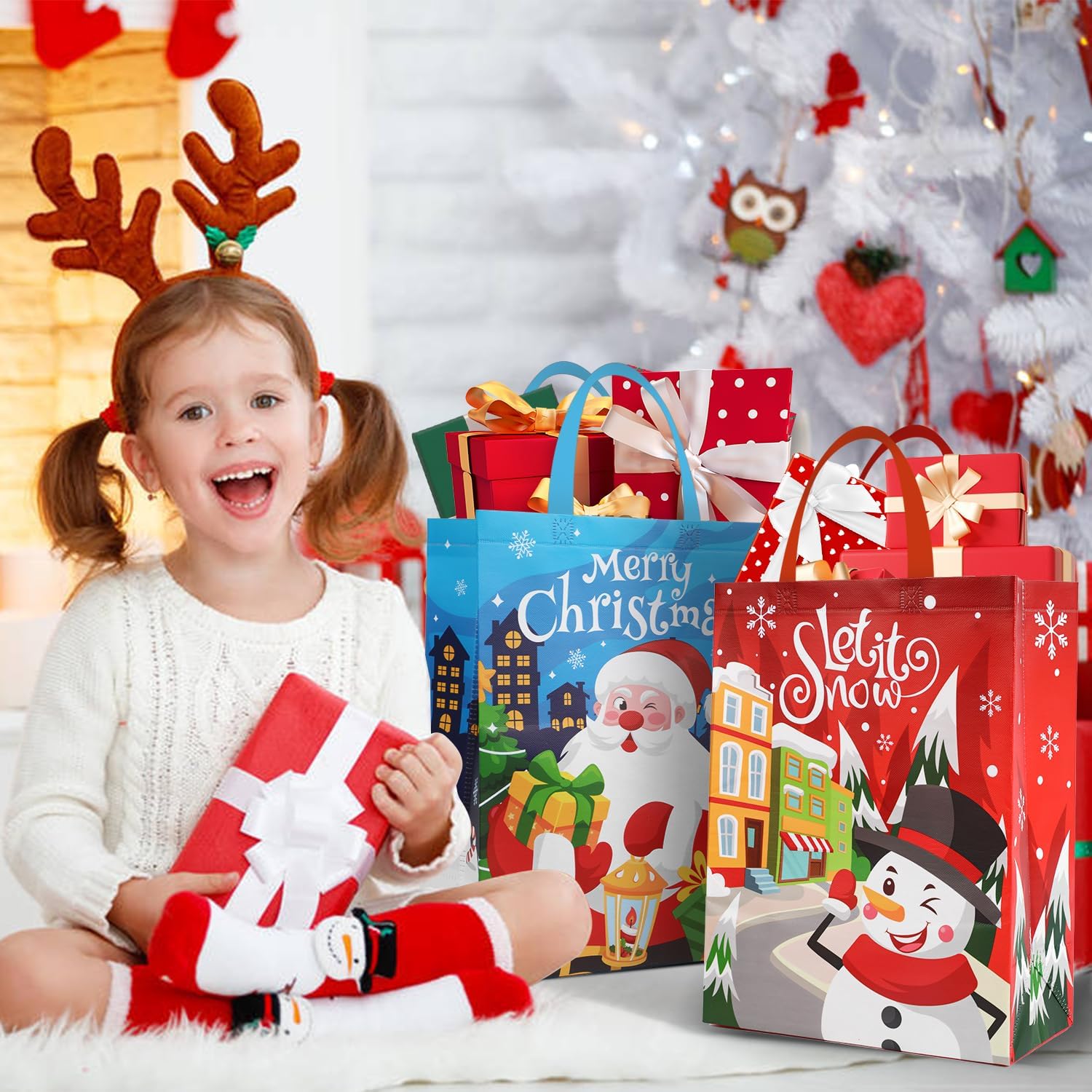 Paquete de 12 bolsas grandes de Navidad con asas, bolsa de regalo reutilizable, no tejida, bolsas de compras para suministros de fiesta de Navidad