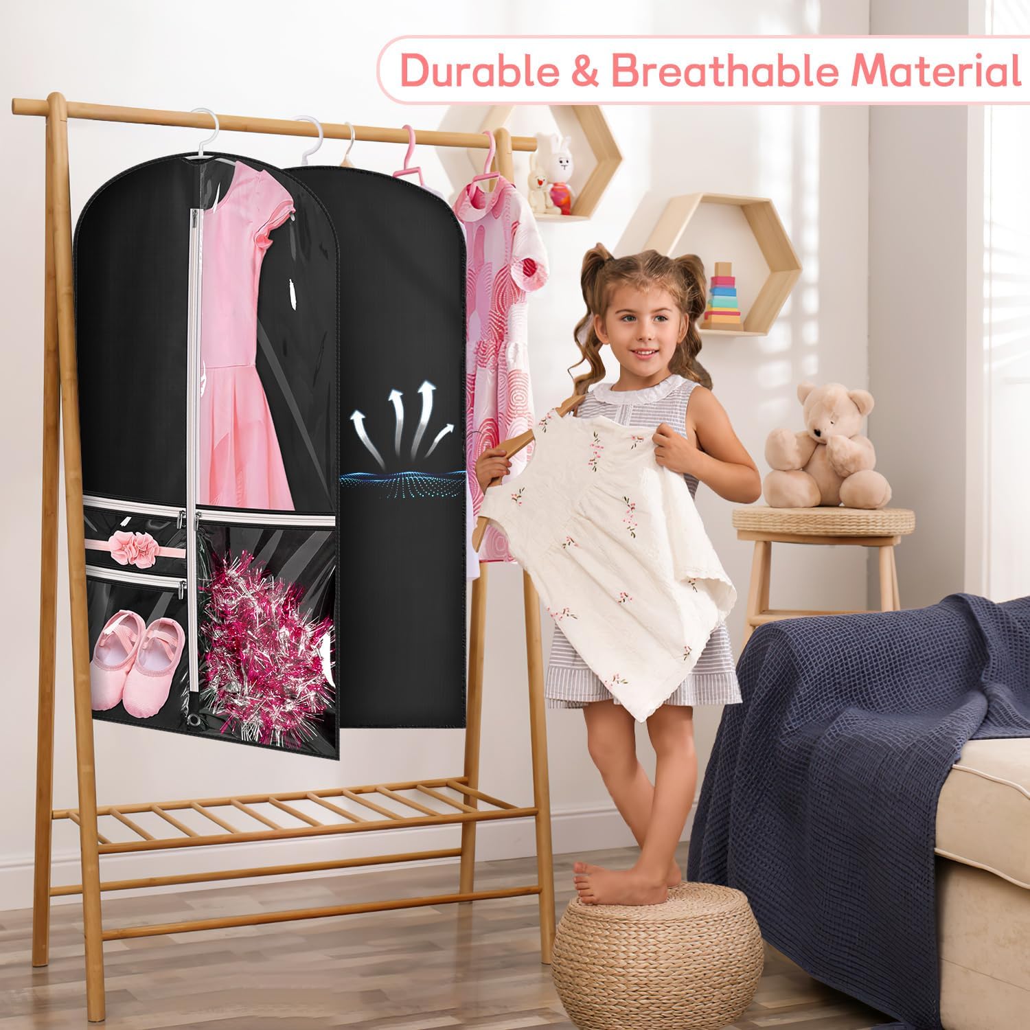 Kimbora Bolsa de ropa para baile de disfraces con 3 bolsillos transparentes con cremallera para trajes, funda de vestido, almacenamiento de viajes y