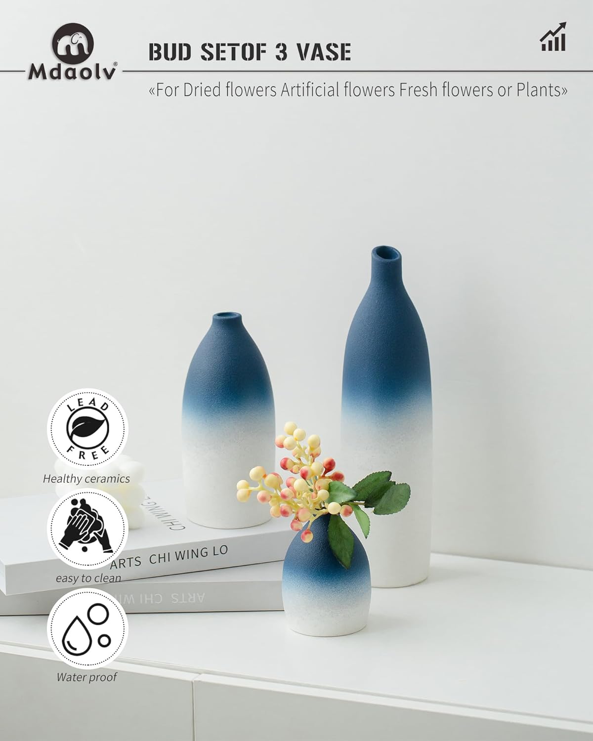 Juego de jarrones azul y blanco para decoración costera de isla de cocina, sala de estar, mesa de oficina, chimenea, decoración de repisa y baño,