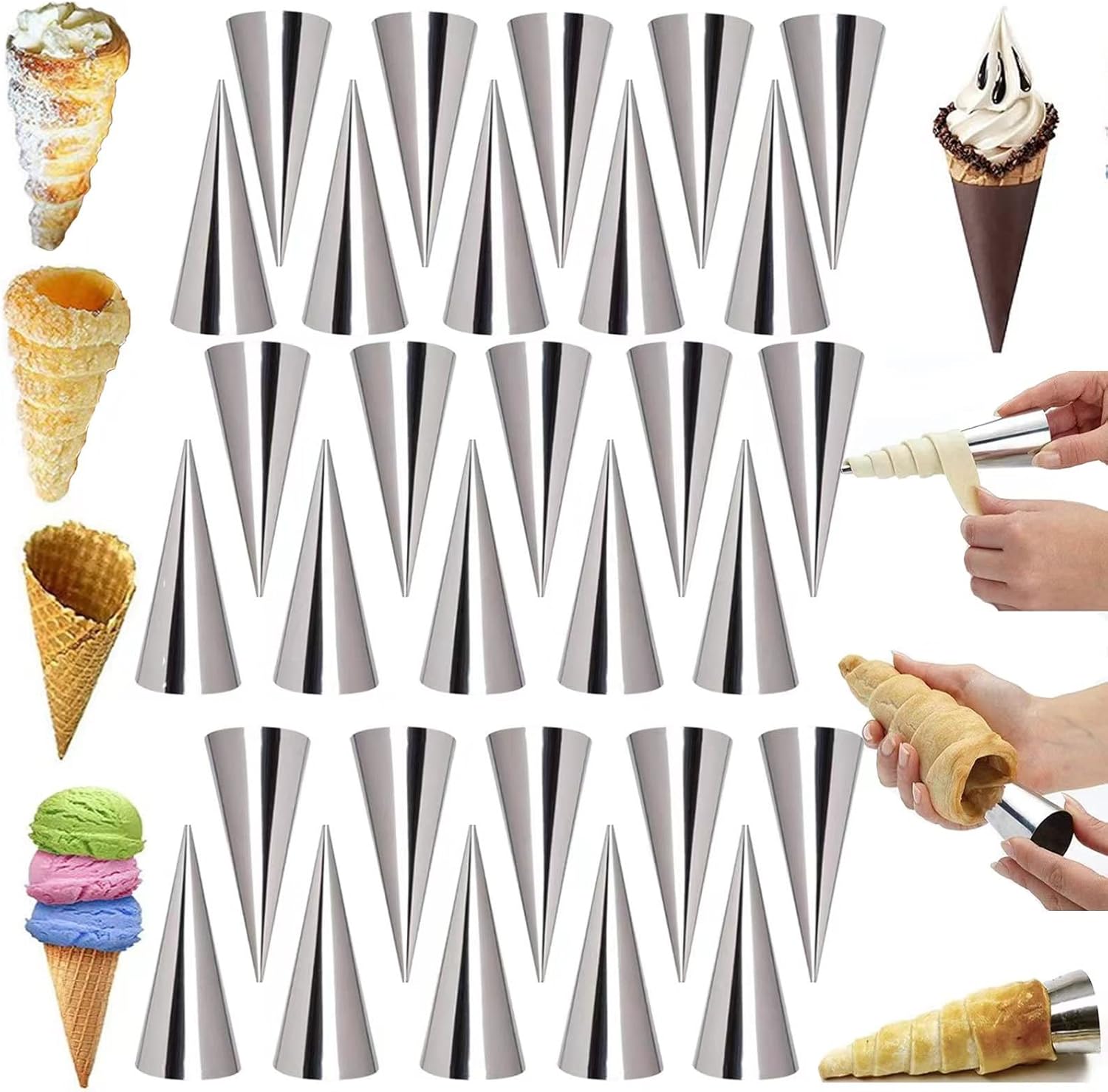 AMBESTAR Juego de 30 moldes de cuernos de crema, grandes de acero inoxidable Canolis Forms Cannoli Kit para hornear canolis, cáscara de croissant,