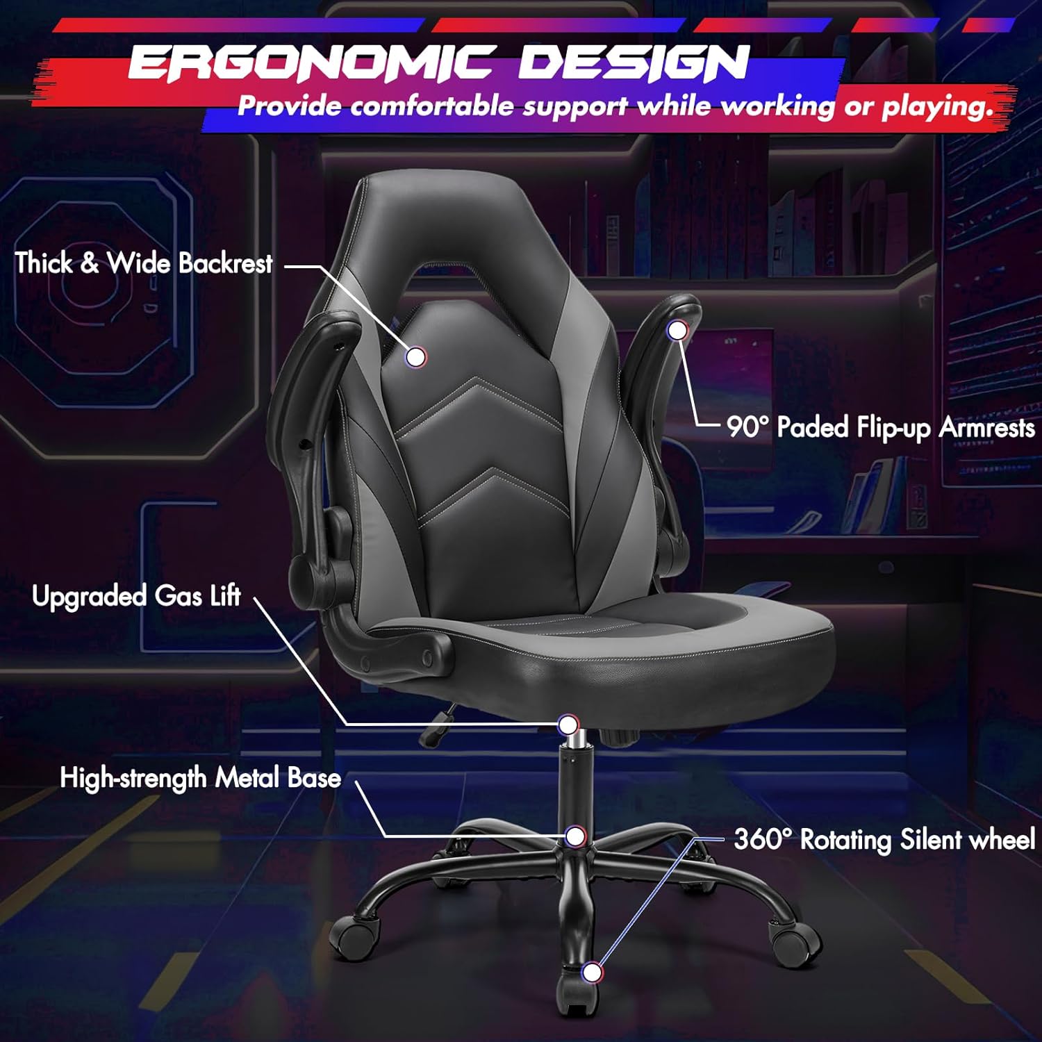 Silla de juegos  Silla de computadora de piel sintética ergonómica con soporte lumbar, sillas de escritorio con ruedas ajustables en altura con