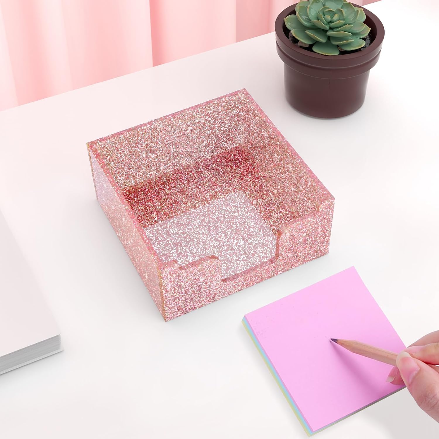 Soporte para notas adhesivas acrílicas, soporte para bloc de notas autoadhesivas, dispensador de notas adhesivas con purpurina de 3.94 x 3.94