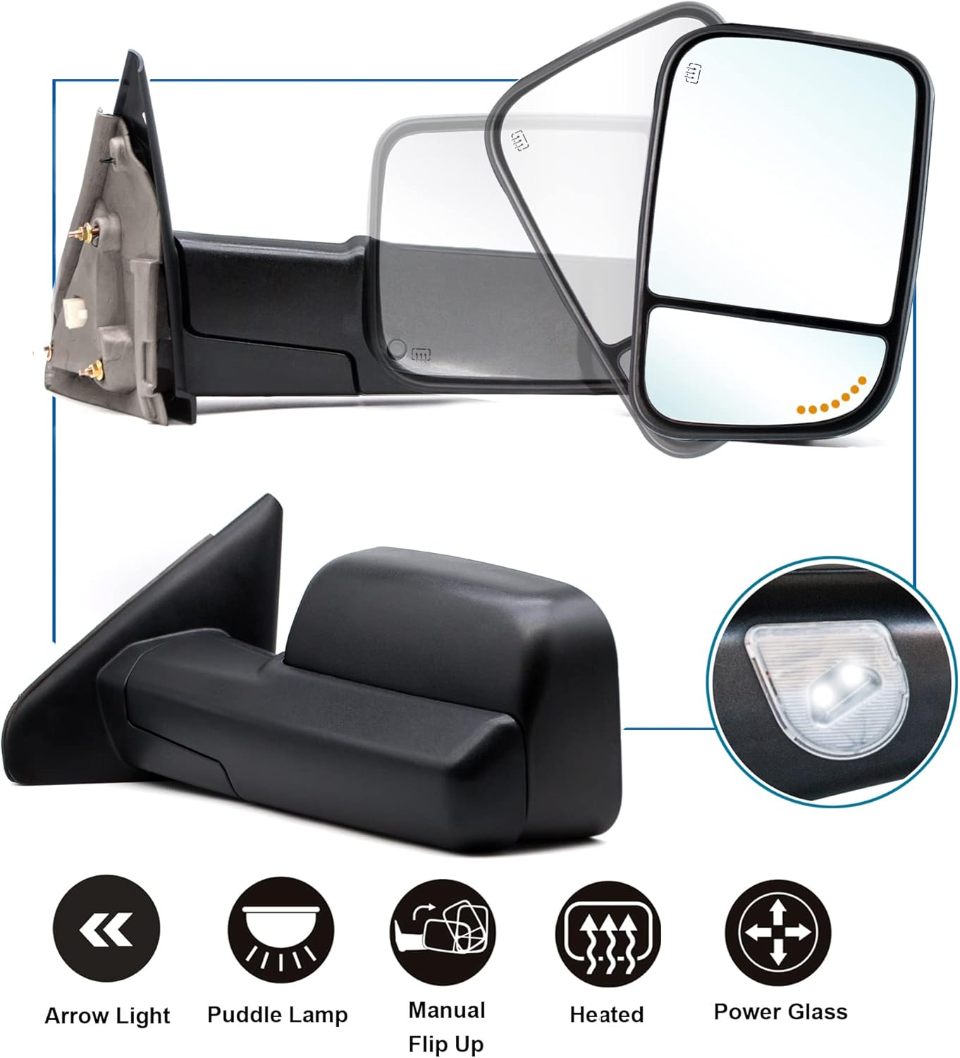 JZSUPER Estilo mejorado Espejos de remolque aptos para Dodge Ram 1500 2002-2008, Ram 2500 3500 2003-2009 con señal de flecha calentada eléctrica en