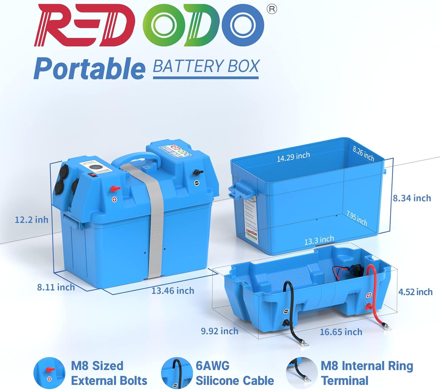 Redodo Caja de batería portátil, grupo 24-27 caja de batería de 12 V, corriente máxima de 60 A, voltímetro integrado, tomas de corriente continua y