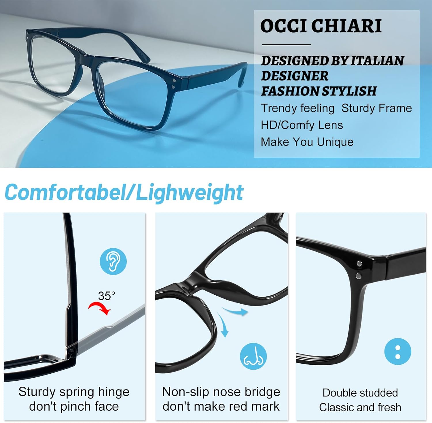 OCCI CHIARI Gafas de lectura para hombres lectores rectangulares de moda (1.0 1.25 1.5 1.75 2.0 2.25 2.5 2.75 3.0 3.5 4.0 5.0 6.0)
