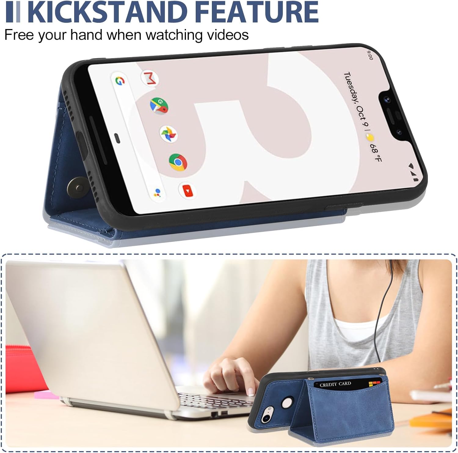 Asuwish Funda de teléfono para Google Pixel 3 XL con protector de pantalla de vidrio templado y soporte de tarjeta de crédito de piel sintética,