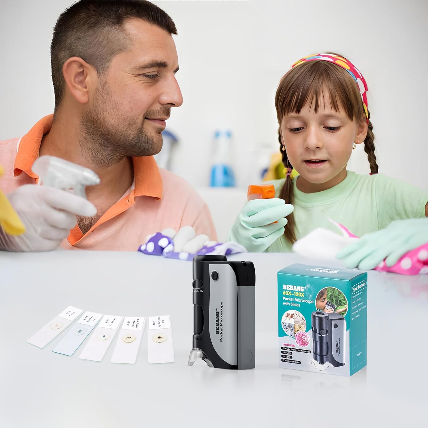 BEBANG Microscopio de bolsillo, mini microscopio de mano 60X-120X para niños con zoom iluminado LED, kits de microscopio portátil con 5 diapositivas