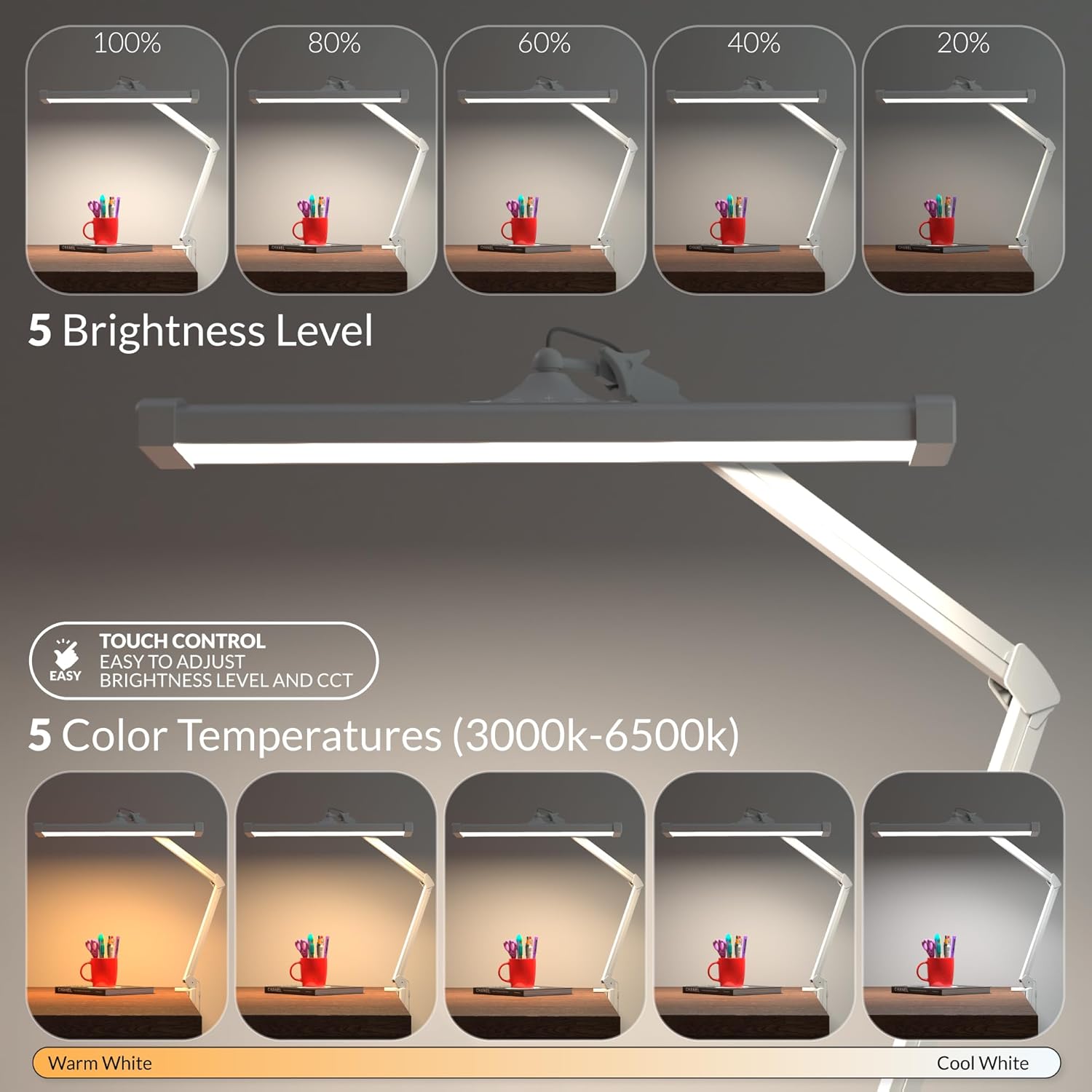 AZARPIXEL Lámpara de escritorio LED profesional de 2,300 lúmenes, potente y superbrillante, brillo y color ajustable, luz de tarea para el hogar,