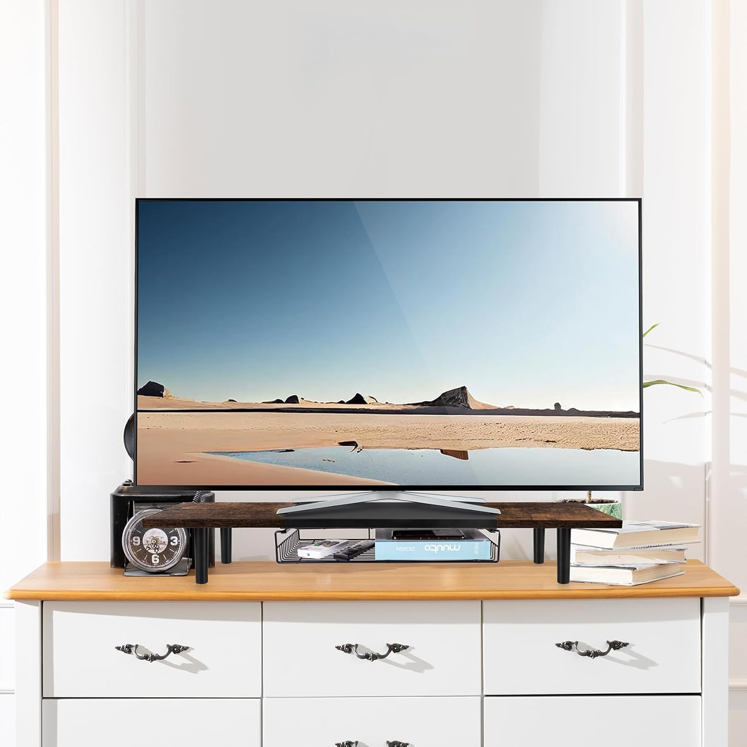 Soporte de monitor doble para 2 monitores, elevador de TV grande con organizador de escritorio de longitud ajustable, soporte de monitor de