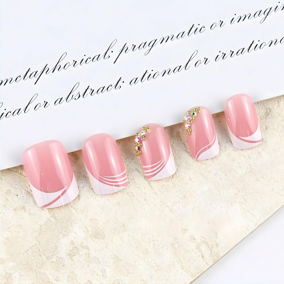 Uñas postizas cuadradas cortas a presión, 24 piezas de uñas postizas blancas francesas con diamantes de imitación, juego de herramientas adhesivas