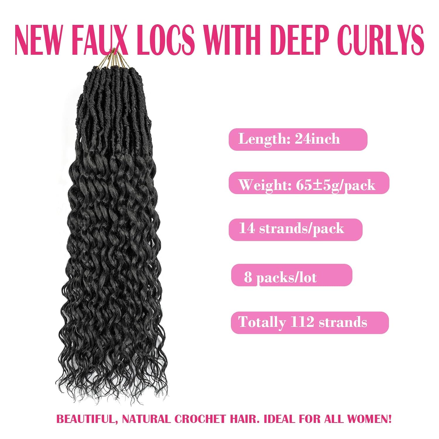Extensiones de cabello sintético de ganchillo con extremos rizados profundos de 24 pulgadas, paquete de 8 paquetes de trenzas sintéticas suaves de