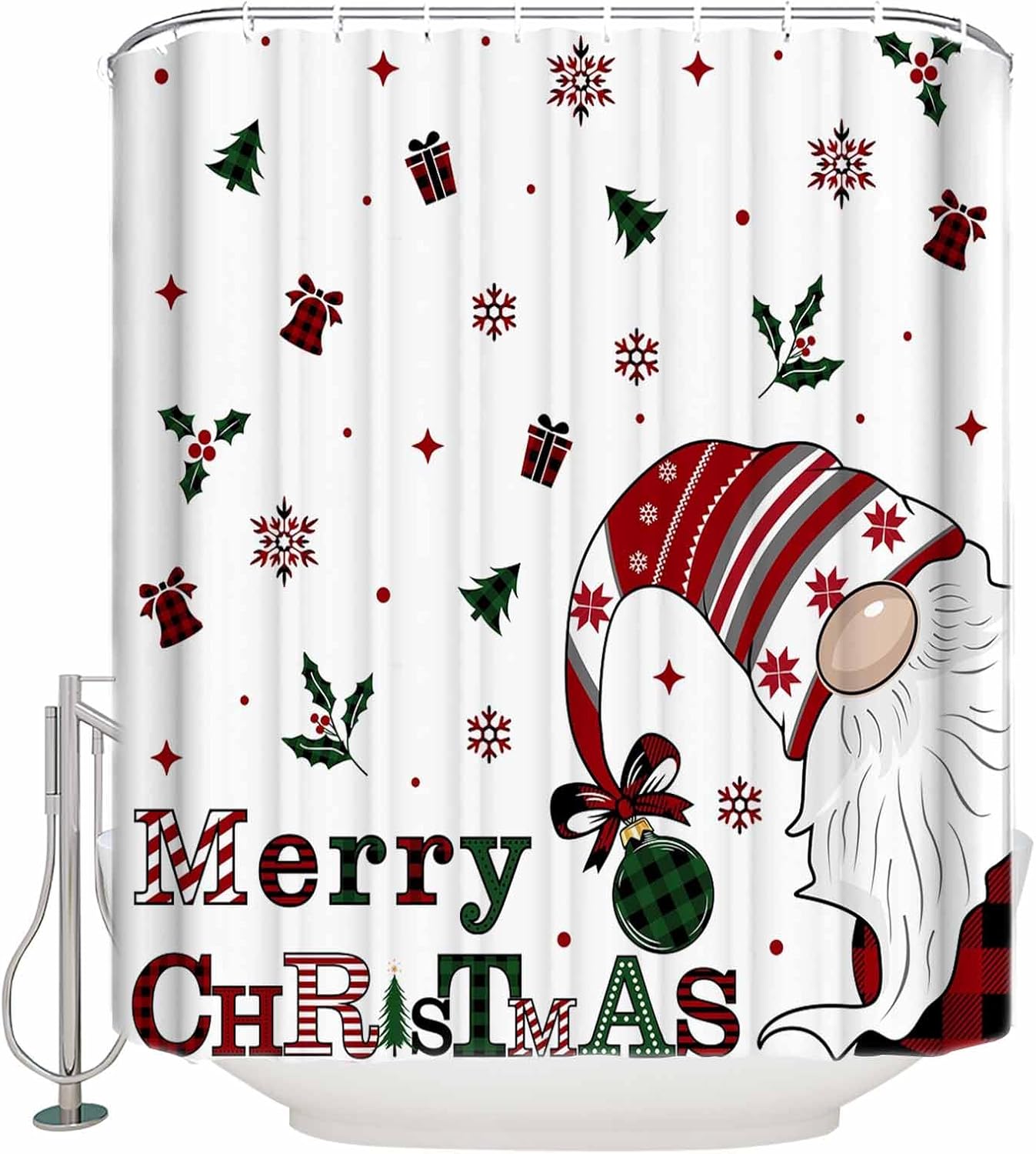 zzsunfeel Juego de cortinas de ducha impermeables con 12 ganchos, caja de regalo de gnomo de Feliz Navidad, campana, copos de nieve, bayas, 72 x 72