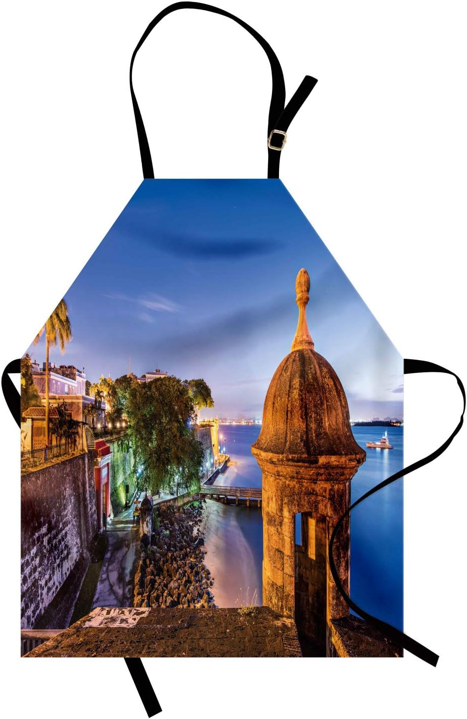 Lunarable Puerto Rico Apron, Coast at Paseo de la Princesa Retro Style Architectural Elements Photography, Unisex Kitchen Bib Apron with Adjustable