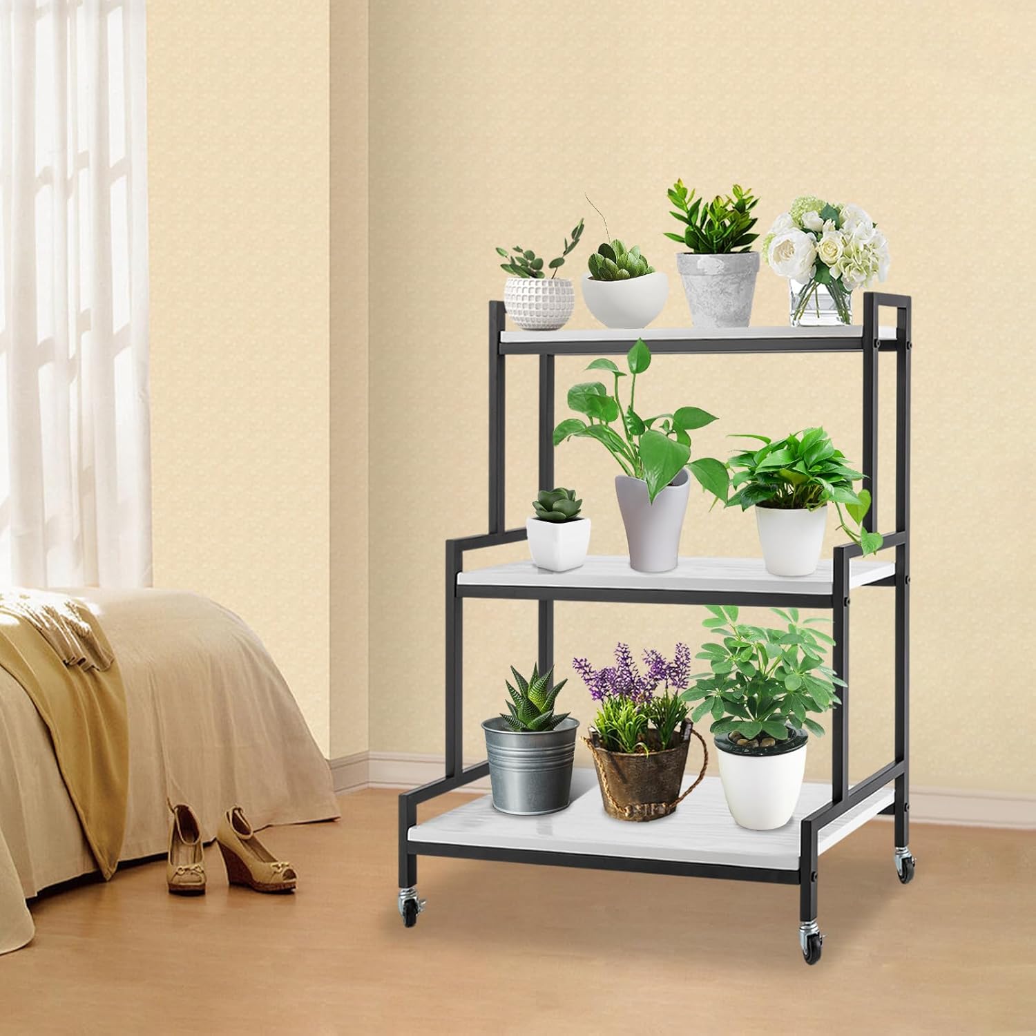 Soporte para plantas de 3 niveles para interiores y exteriores, soporte rústico para macetas con ruedas, estante de exhibición de plantas de madera