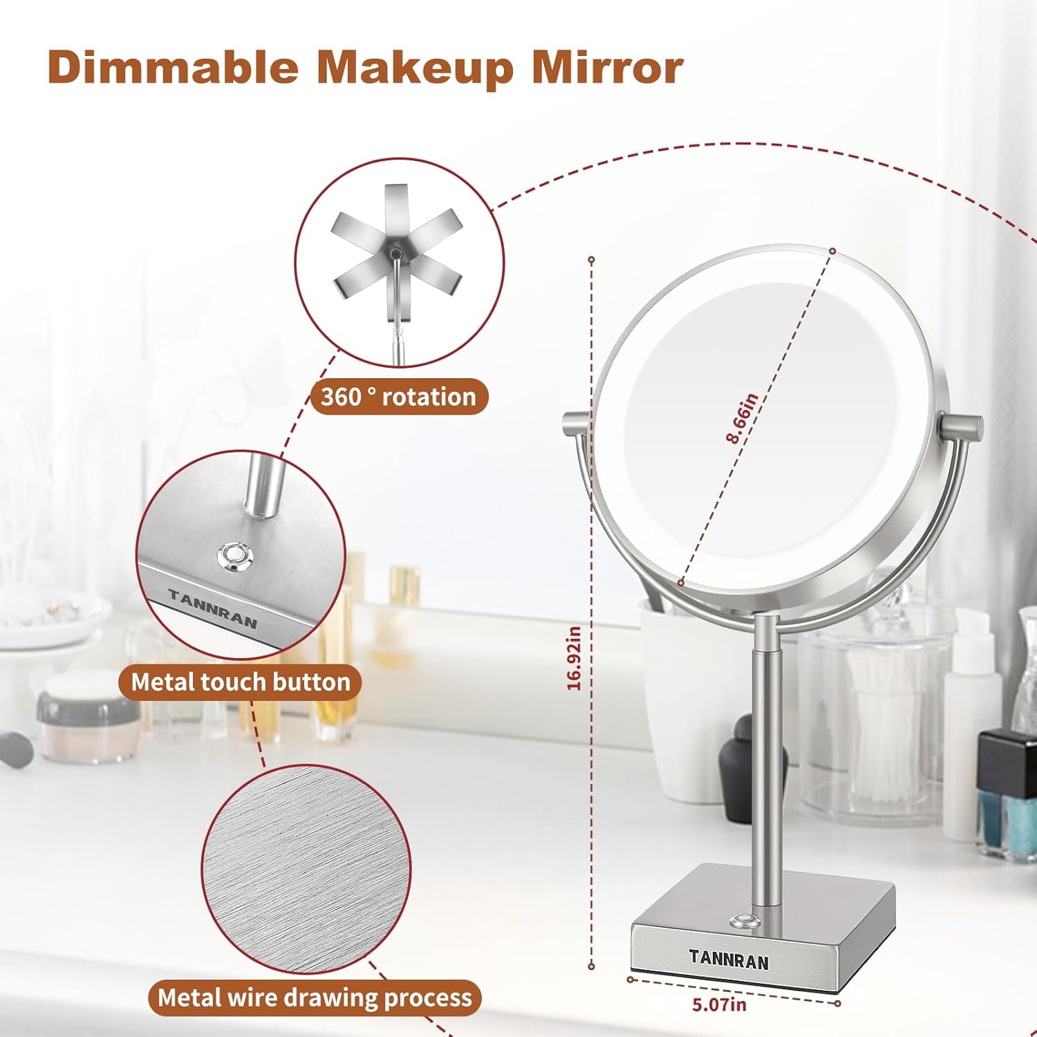 TANNRAN Espejo de maquillaje iluminado con aumento, espejo de tocador LED, espejo de aumento 1X7X, espejo de doble cara. Viene con caja de lápiz