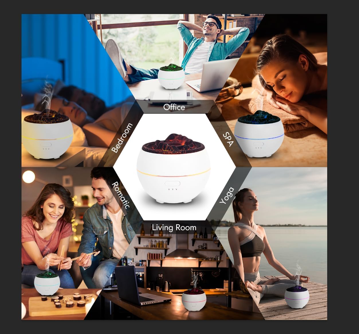 Humidificador de llama con 7 colores difusores de aceite esencial, humidificador sin ruido mejorado para el hogar, estudio de yoga, gimnasio,