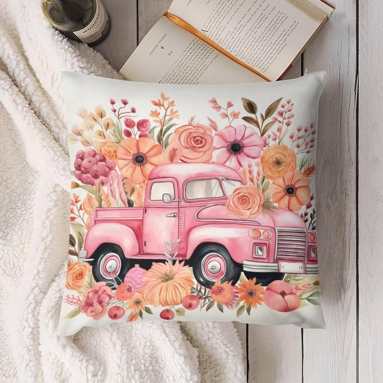 Fundas de almohada de 20 x 20 pulgadas, diseño de acuarela rosa con estampado de flores de calabaza y camión rosa, suave, estampado de doble cara,