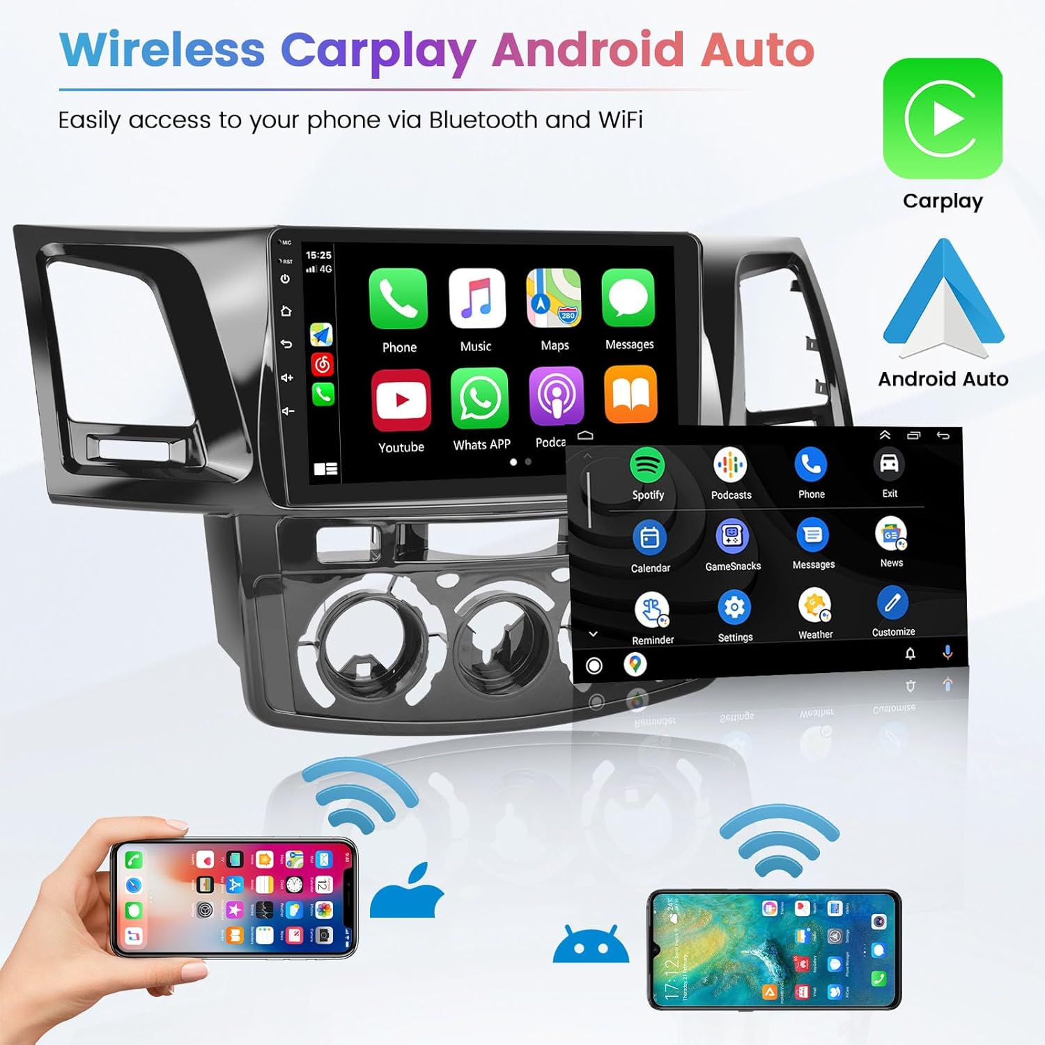 Hikity 2+64 GB para Toyota Fortuner Hilux 2005-2014 Android estéreo del coche con Carplay Android Auto 9 pulgadas pantalla táctil Radio soporte GPS