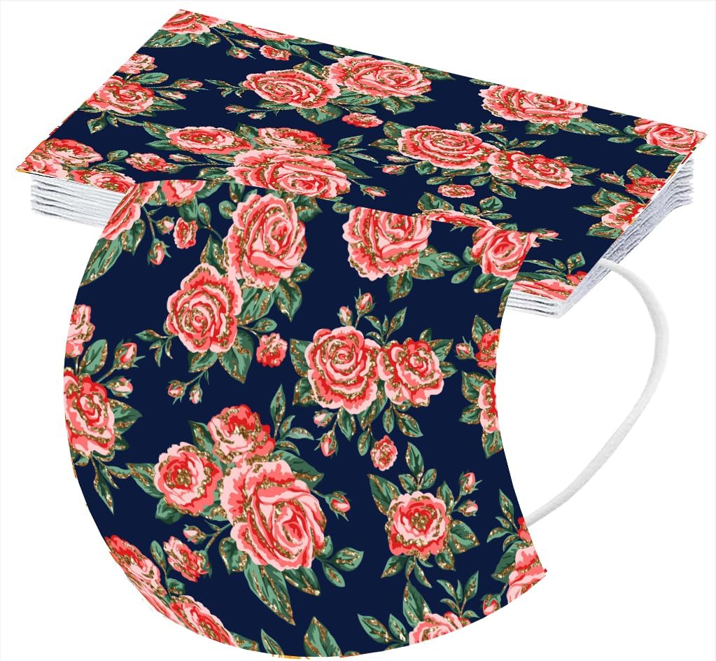 50 cubrebocas desechables con estampado floral de primavera con diseños para adultos, 3 capas con alambre para la nariz