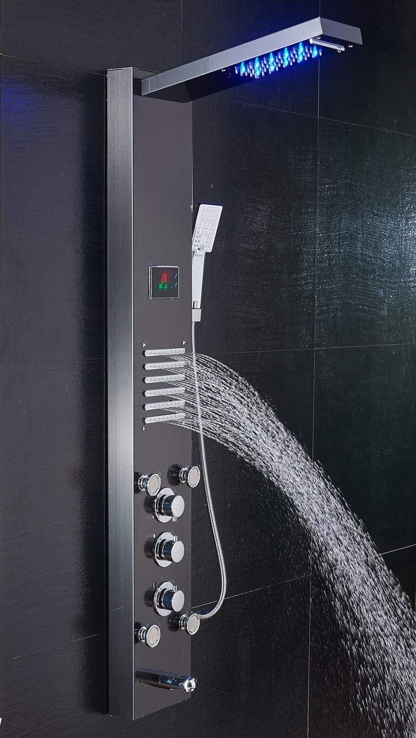 Torre de panel de ducha LED, cabezal de ducha de cascada con sistema de ducha de chorros corporales de masaje, negro.