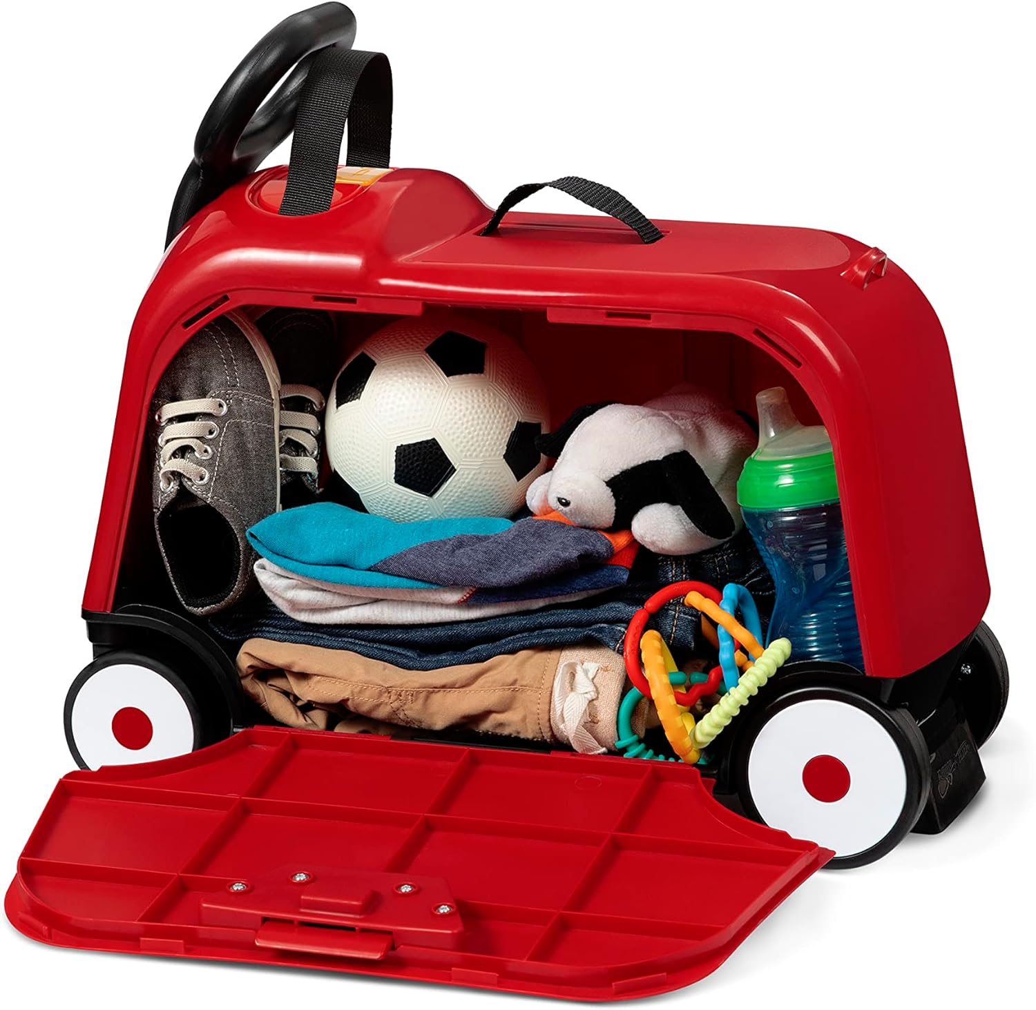 Radio Flyer Camión de bomberos Happy Trav’ler 3 en 1 con luces y sonidos, juguete para llevar, almacenamiento de mano para niños pequeños, edades de