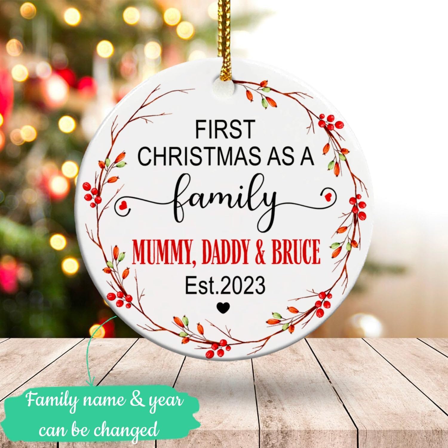 Adorno de cerámica personalizado para la primera Navidad como una familia de tres 2023, adorno de Navidad personalizado para la primera Navidad como