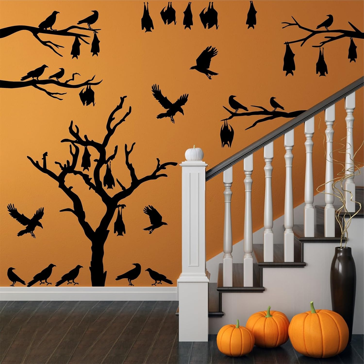 Calcomanías grandes para ventana de Halloween, árbol de Halloween, calcomanías de pared de murciélagos, calcomanías de cuervo de pájaro negro,