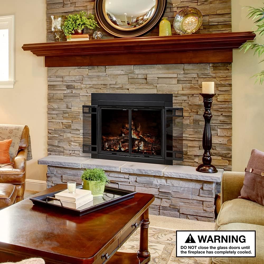 UniFlame – Connor – Puertas de chimenea de estilo bi-fold con vidrio templado ahumado (color negro, tamaño grande – se adapta a la apertura de 36 a