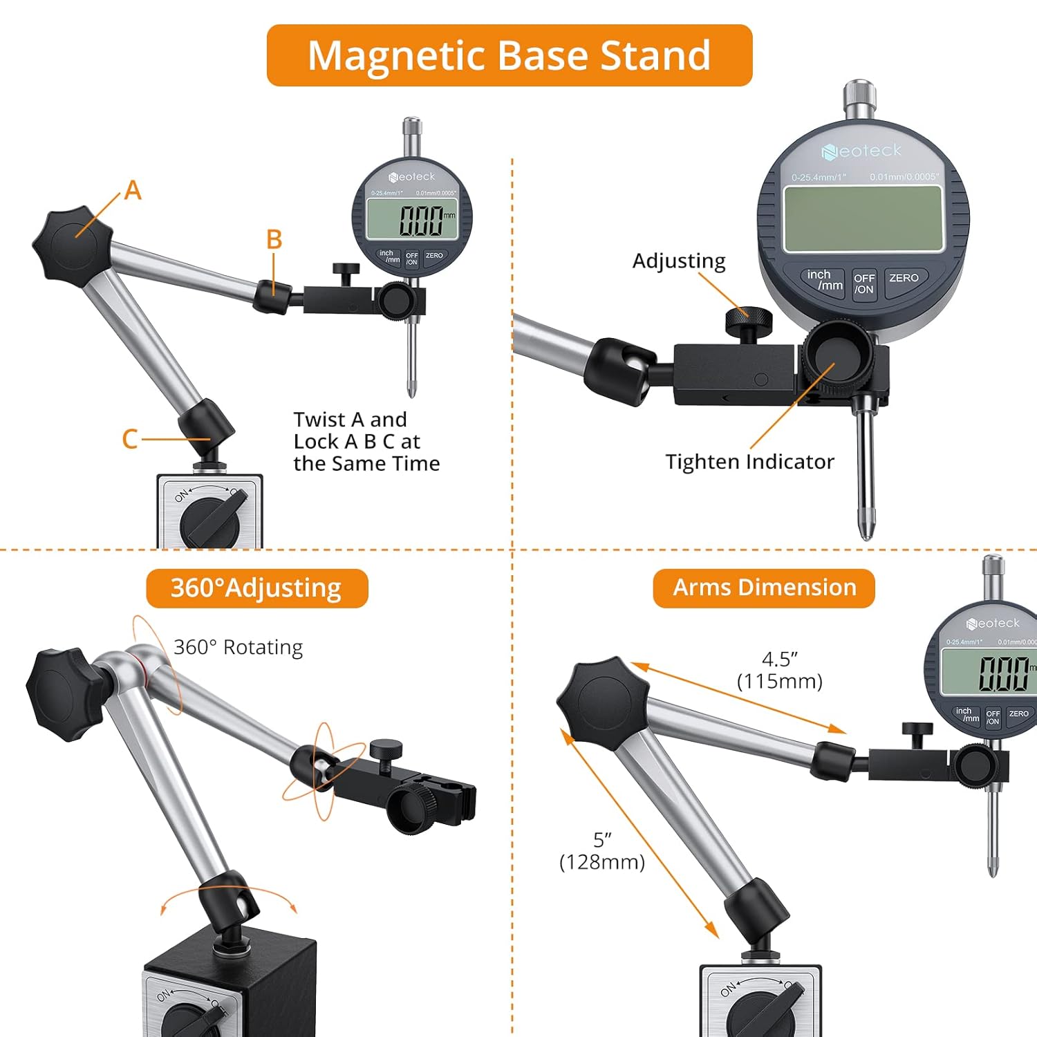 Neoteck Soporte De Base Magnética Para Indicador De Dial Digital Pro-176lbs80kg Fuerza De Tracción – Plata