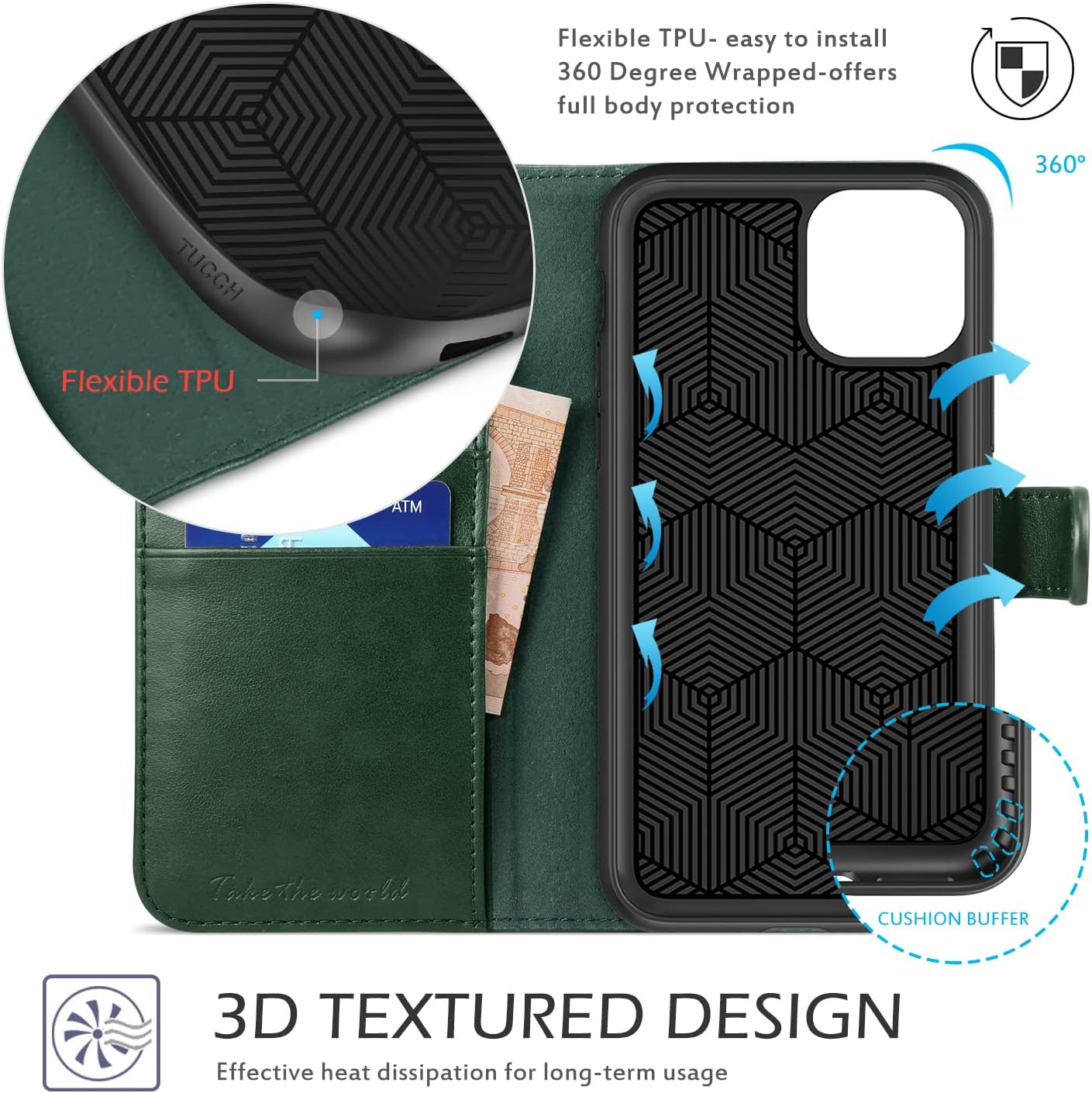 TUCCH Funda tipo cartera para iPhone 11 Pro Max, ranura magnética para tarjetas con bloqueo de radiofrecuencia automática y bloqueo RFID, funda de