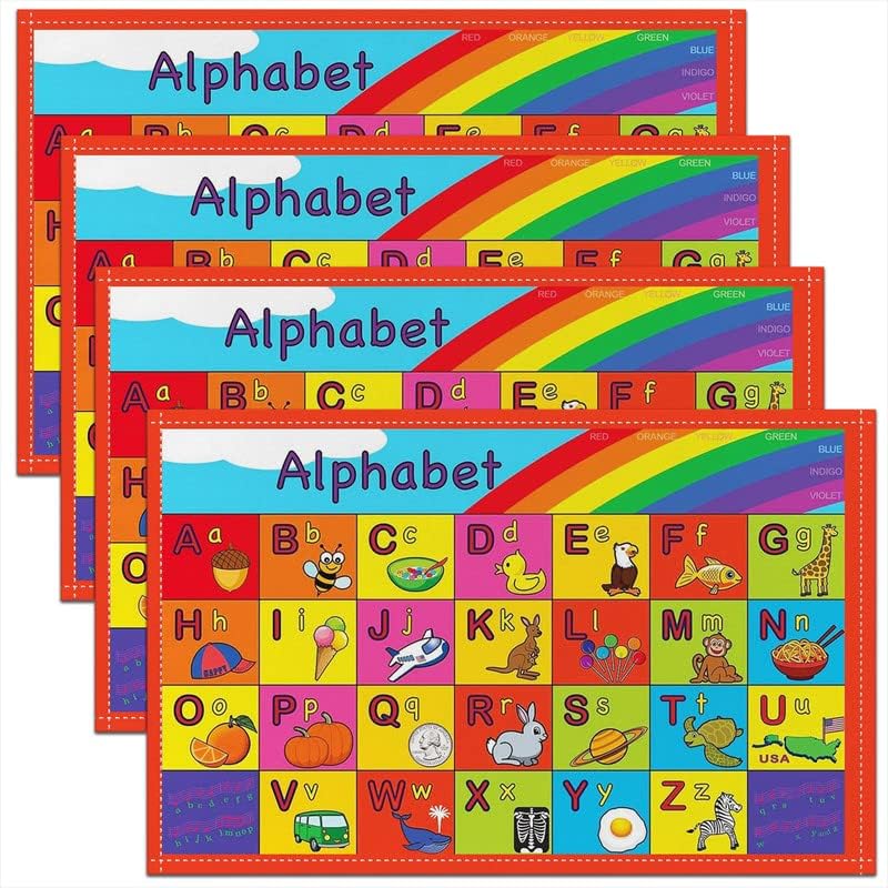 Juego de 4 manteles individuales para mesa del alfabeto inglés, manteles individuales de tela de animales de dibujos animados para niños, lindos