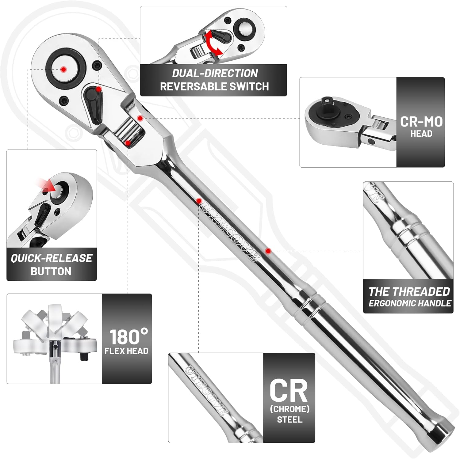 Trinquete de accionamiento de 38 pulgadas, trinquete de cabeza flexible 38 llave de trinquete, llave de enchufe, cabeza Cr-Mo de liberación rápida