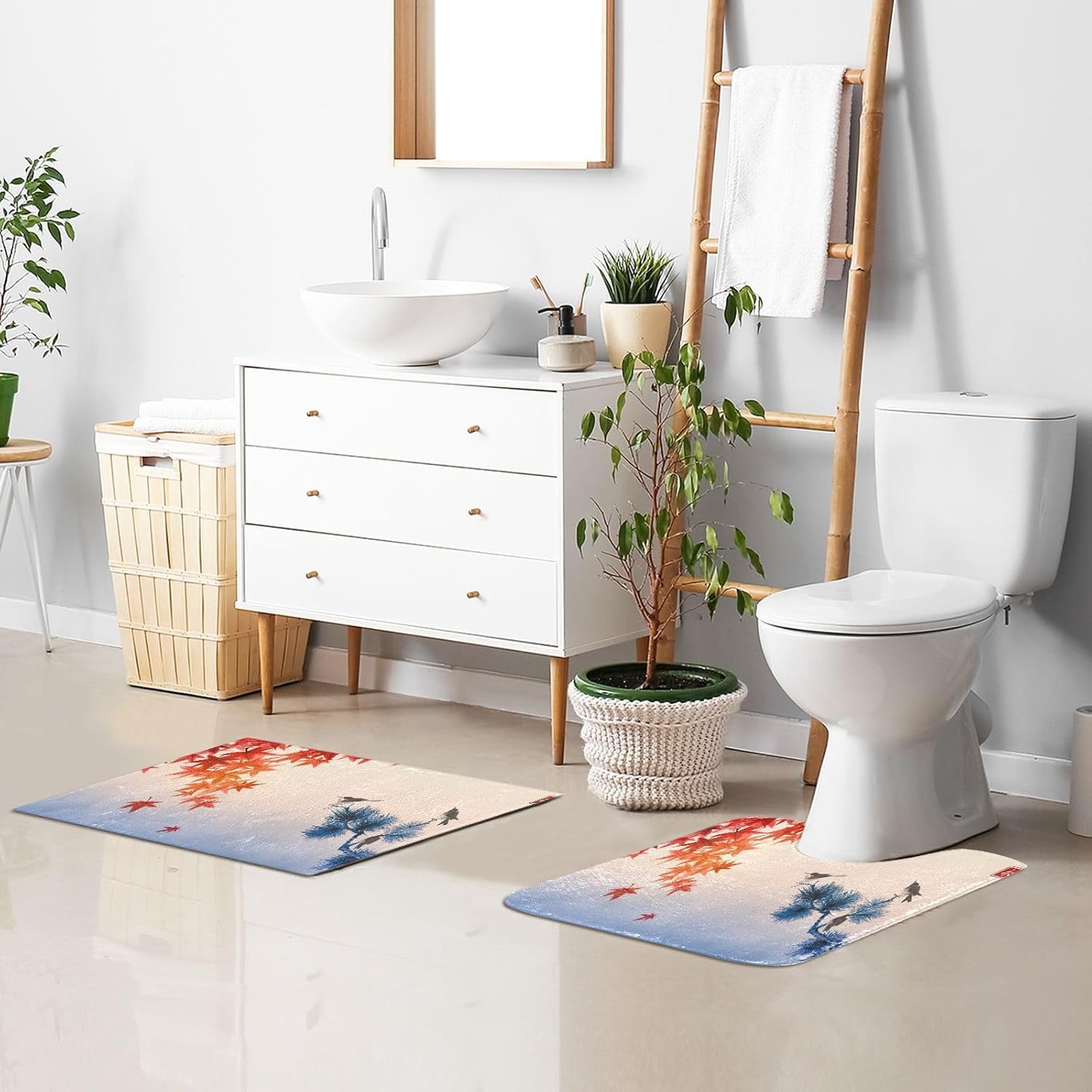Bathroom Rugs Sets 2 Piece 24×16+24×20 Inch,Soft U-Shaped Contour Toilet Rug Red Maple Leaves Bird Non-Slip Absorbent Bath Floor Mat Carpet Set