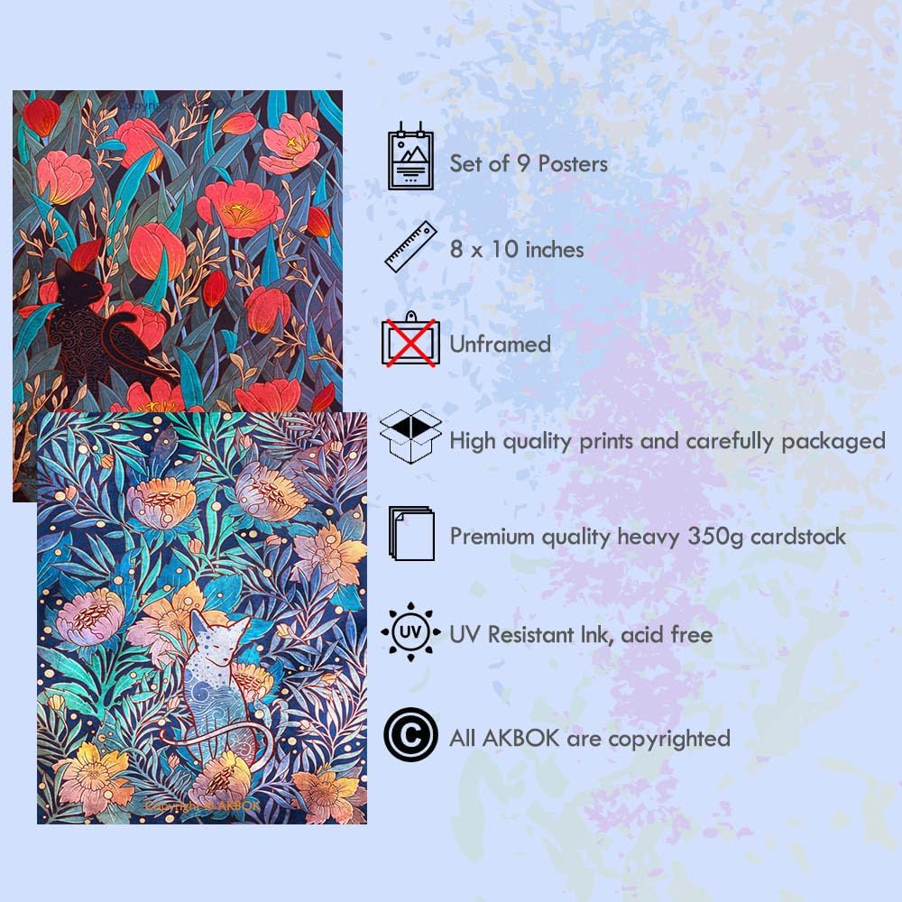 AKBOK 9 pósteres de gatos y flores, arte botánico de gato, carteles de naturaleza, arte para decoración del hogar, amantes de los gatos, entusiastas