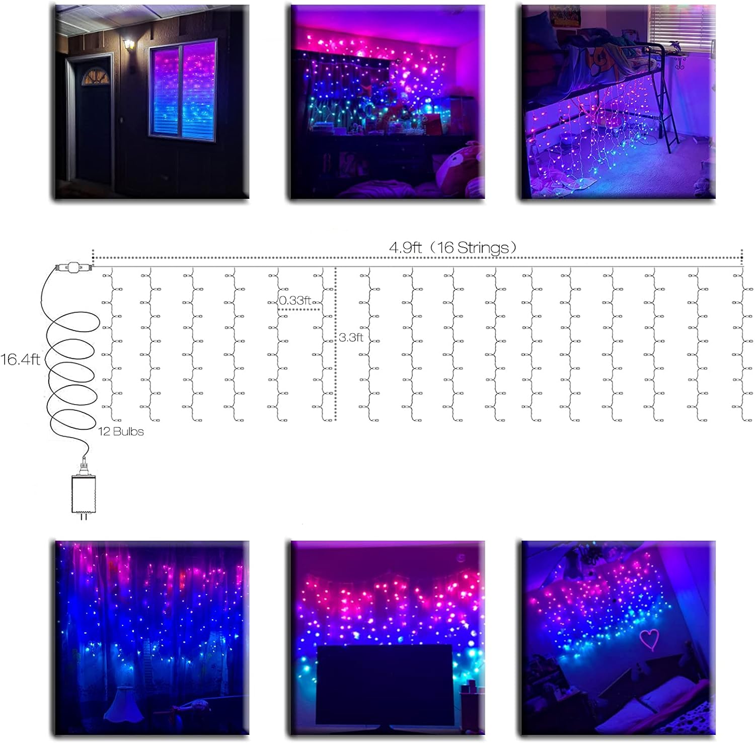 Bolylight Luces de cortina para dormitorio con 8 modos de destello, decoración de habitación de niñas, tira de luces degradadas, luces de pared