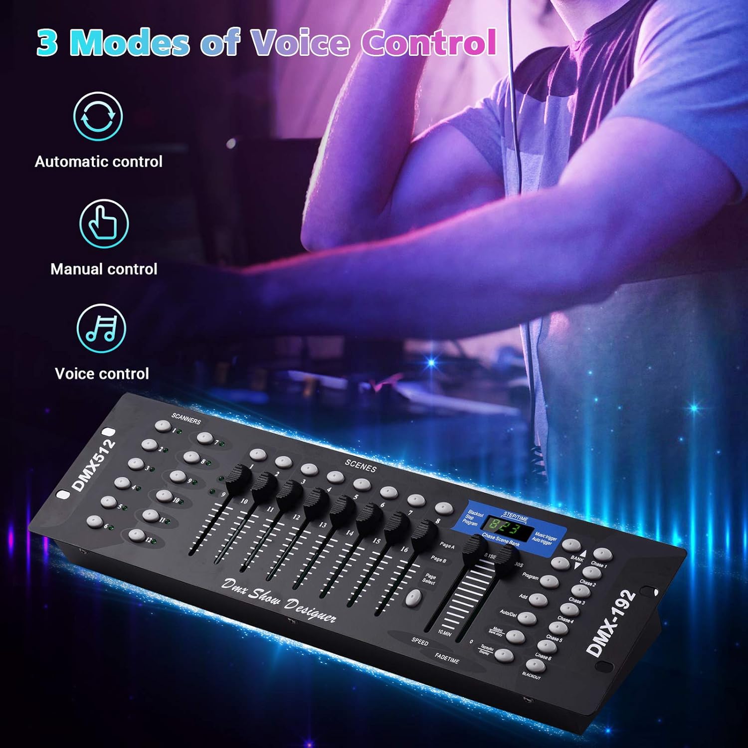 JINGFENG DMX512 Panel de consola controlador de luz 192CH Función de programación Activado por sonido con antena de pantalla LED para escenario DJ