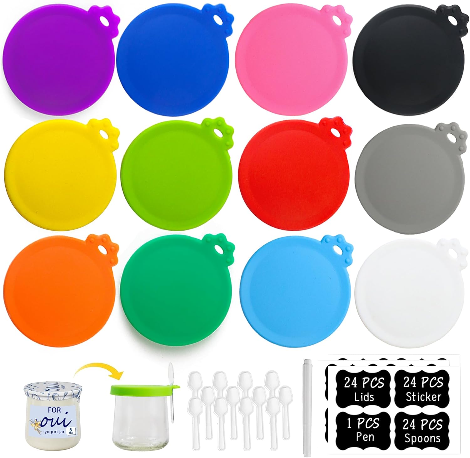 Oui – Tapas para tarros de yogur  Paquete de 24 tapas Oui para contenedor de yogur Yoplait  y 24 etiquetas de botella de yogur Oui y 1 bolígrafo,